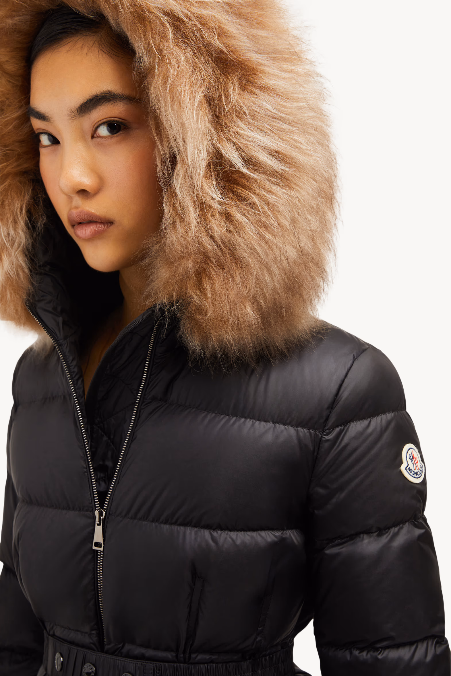 Boedic Hooded Shearling-Trimmed Long Down Jacket Women Black & Beige Moncler 4
